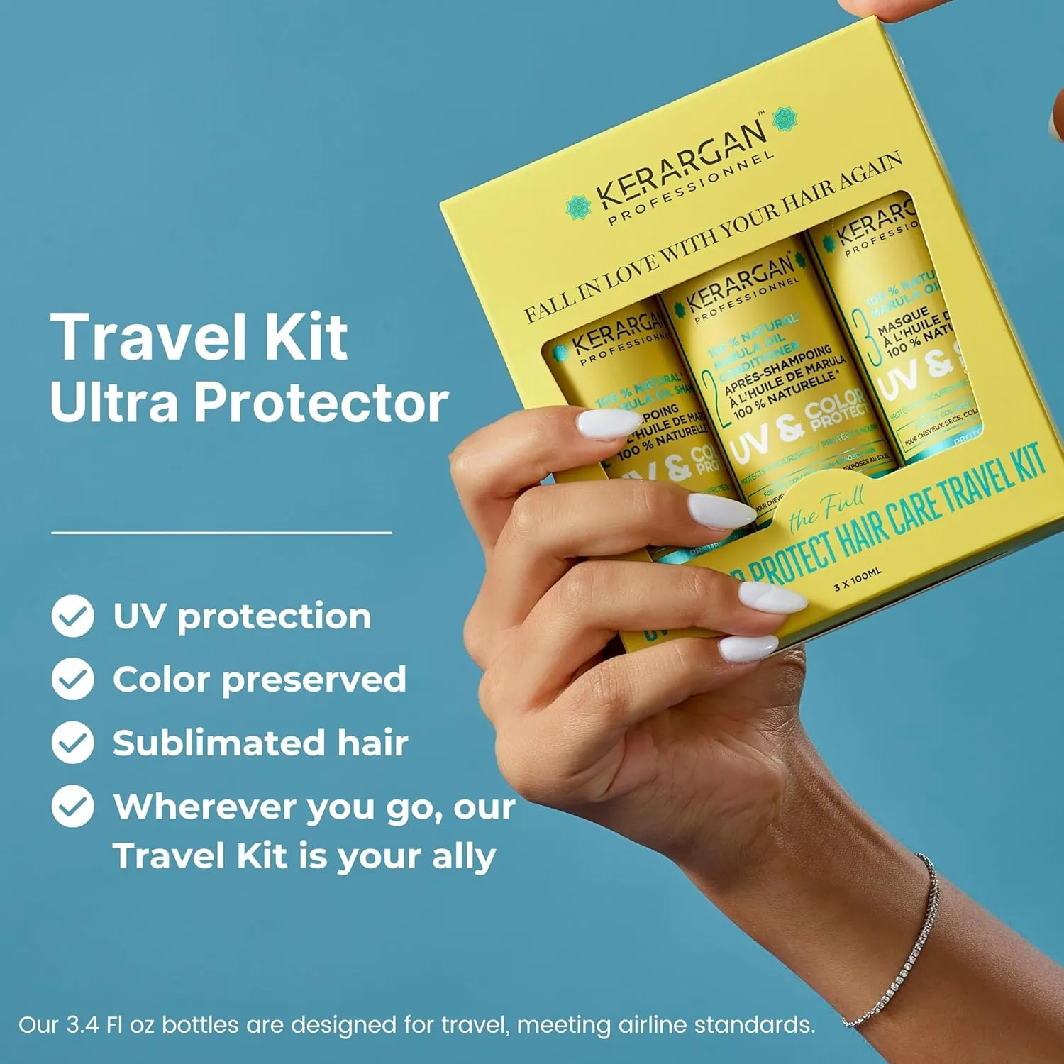 Kerargan - UV & Color Protection Travel Kit with Marula Oil for Dry and Colored Hair - Shampoo, Conditioner, Mask - Sulfate-Free, GMO-Free, Mineral Oil-Free - 3x3.38 Fl oz