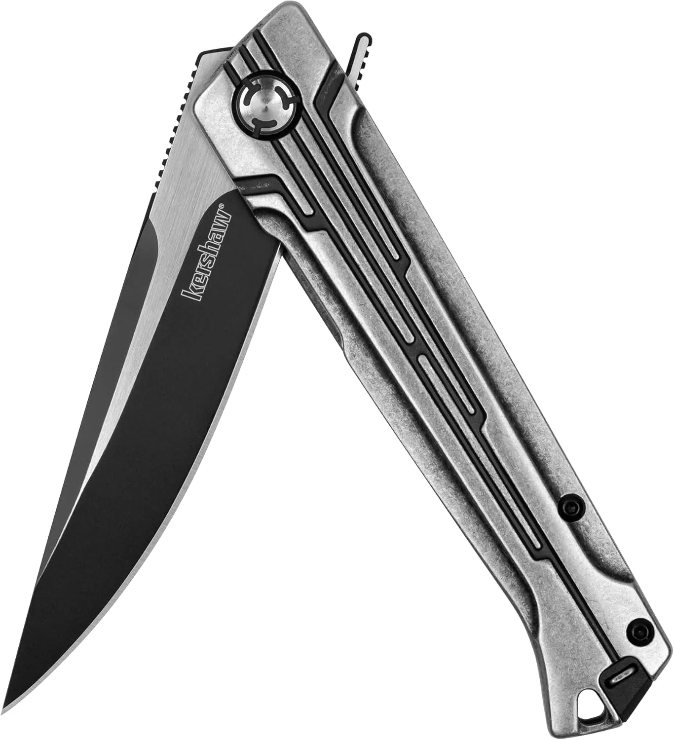 Kershaw Noventa Pocket Knife, 3.3 inch Stonewashed D2 Steel Blade with KVT Ball Bearings, Stainless Steel Handle, Pocketclip,black