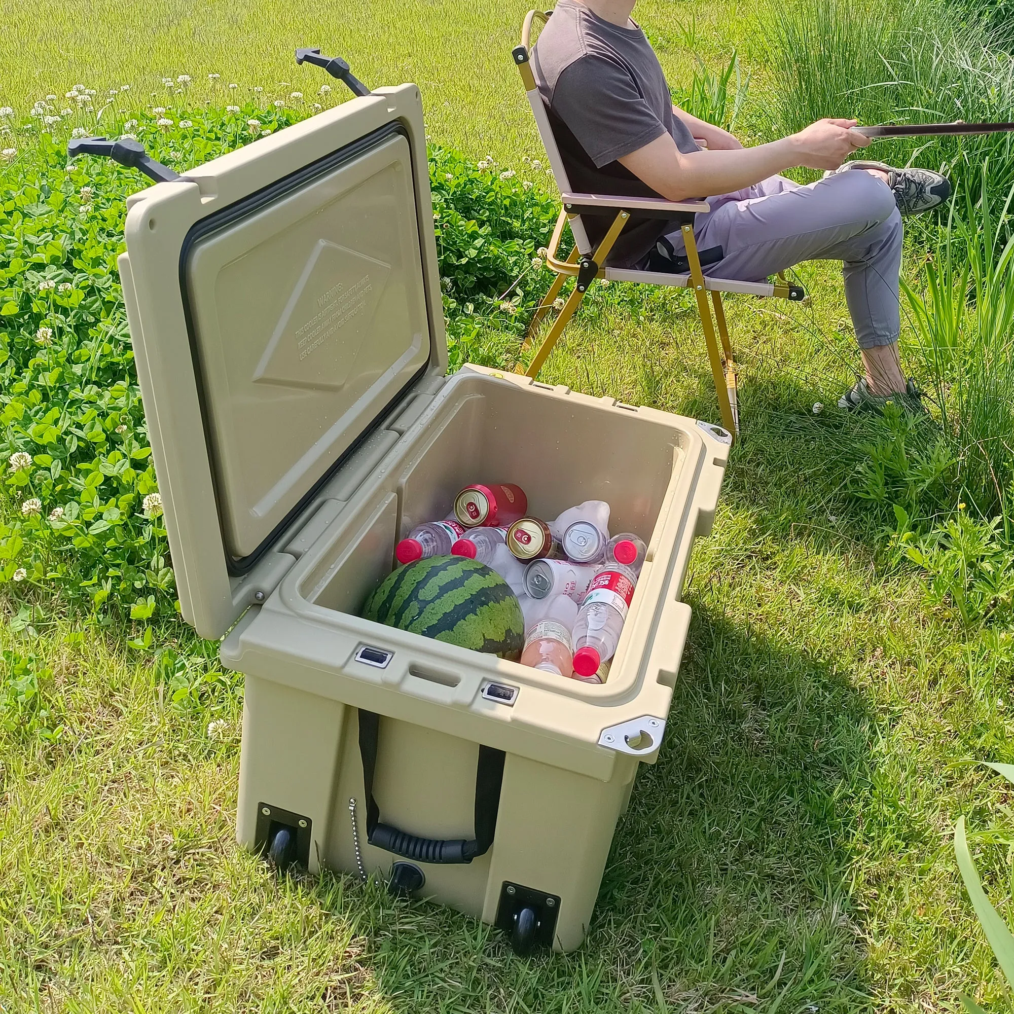 Khaki color ice cooler box 65qt camping ice chest
