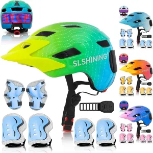 Kids Bike Helmet Toddler Helmet for Boys Girls Youth Kids with LED Lights Bicycle Helmets with Protective Gear Set Knee Elbow Wrist Pads for Cycling Skateboard Scooter Skating (Fits 20.5-22in)