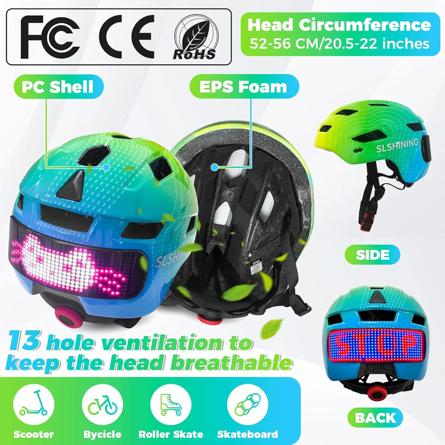 Kids Bike Helmet Toddler Helmet for Boys Girls Youth Kids with LED Lights Bicycle Helmets with Protective Gear Set Knee Elbow Wrist Pads for Cycling Skateboard Scooter Skating (Fits 20.5-22in)