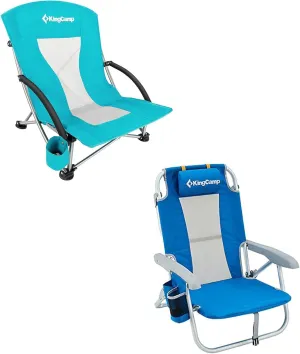 KingCamp 2 Pack Low Beach Chair, Folding & Portable Chairs for Adulit, 300lbs Heavy Duty Backpack Travel Gear Suitable for Camping Lawn Concerts Outdoor Activities