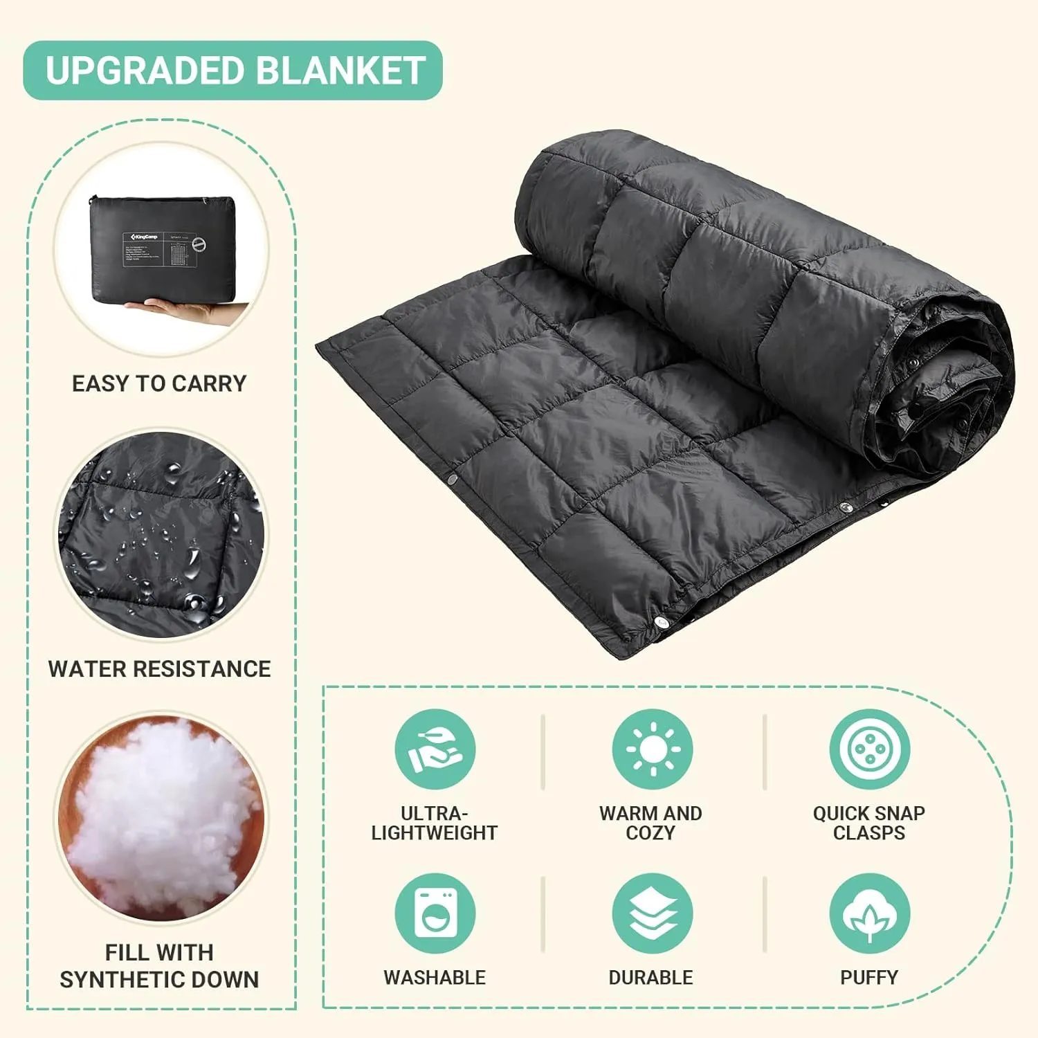 KingCamp Down Camping Blanket - Packable Lightweight Travel Blanket for Stadium, Camping, Backpacking, Compact & Water Resistant & Warm Airplane Quilt