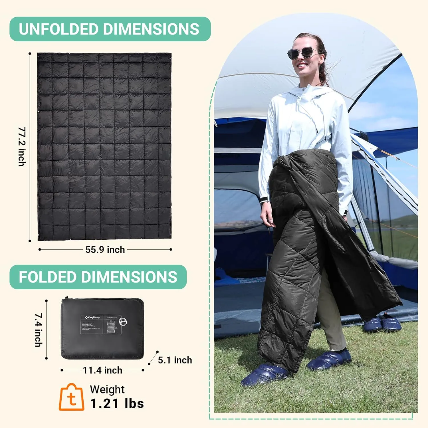KingCamp Down Camping Blanket - Packable Lightweight Travel Blanket for Stadium, Camping, Backpacking, Compact & Water Resistant & Warm Airplane Quilt