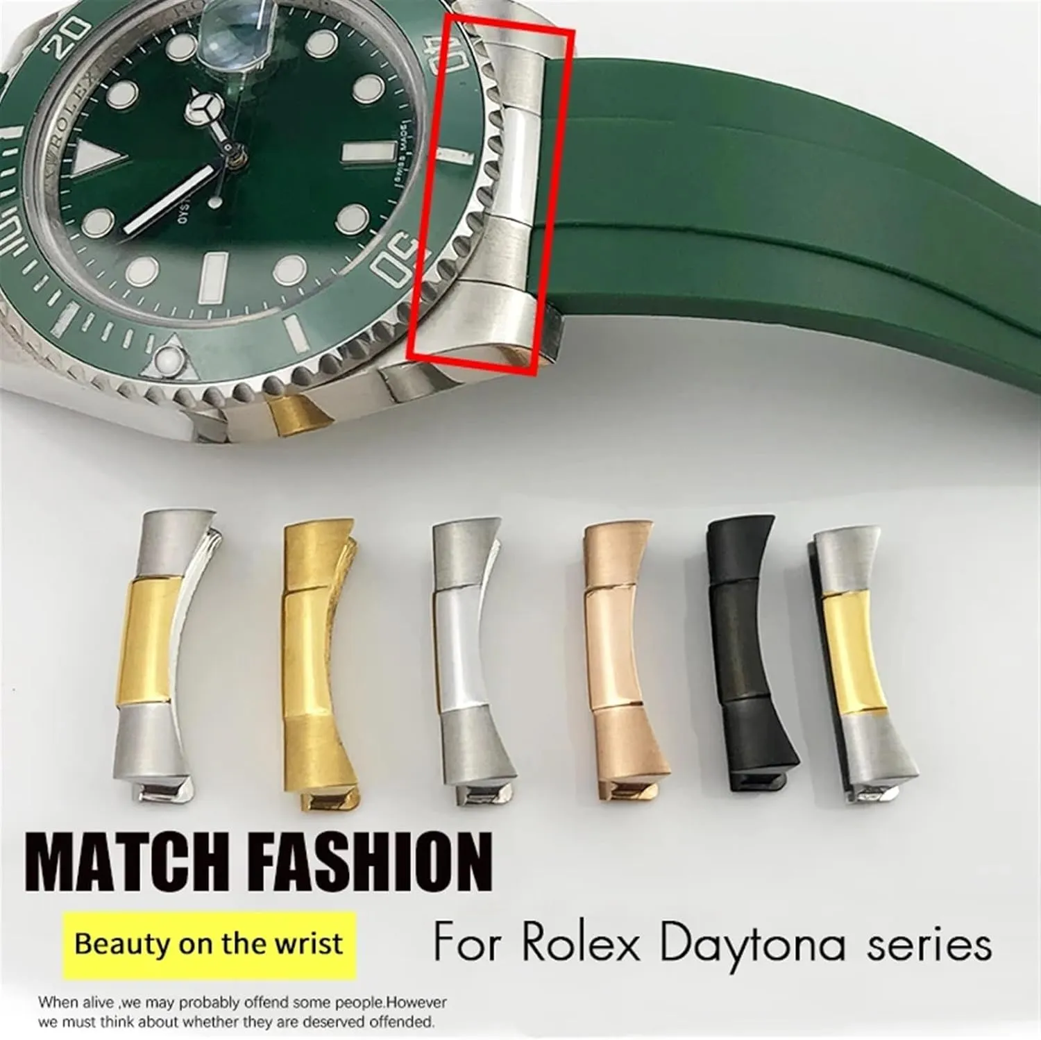 KLVN Curved End Link 20mm 21mm For Rolex Submariner GMT Daytona Stainless Steel Watchband Section Rubber Strap Watch Part Accessories
