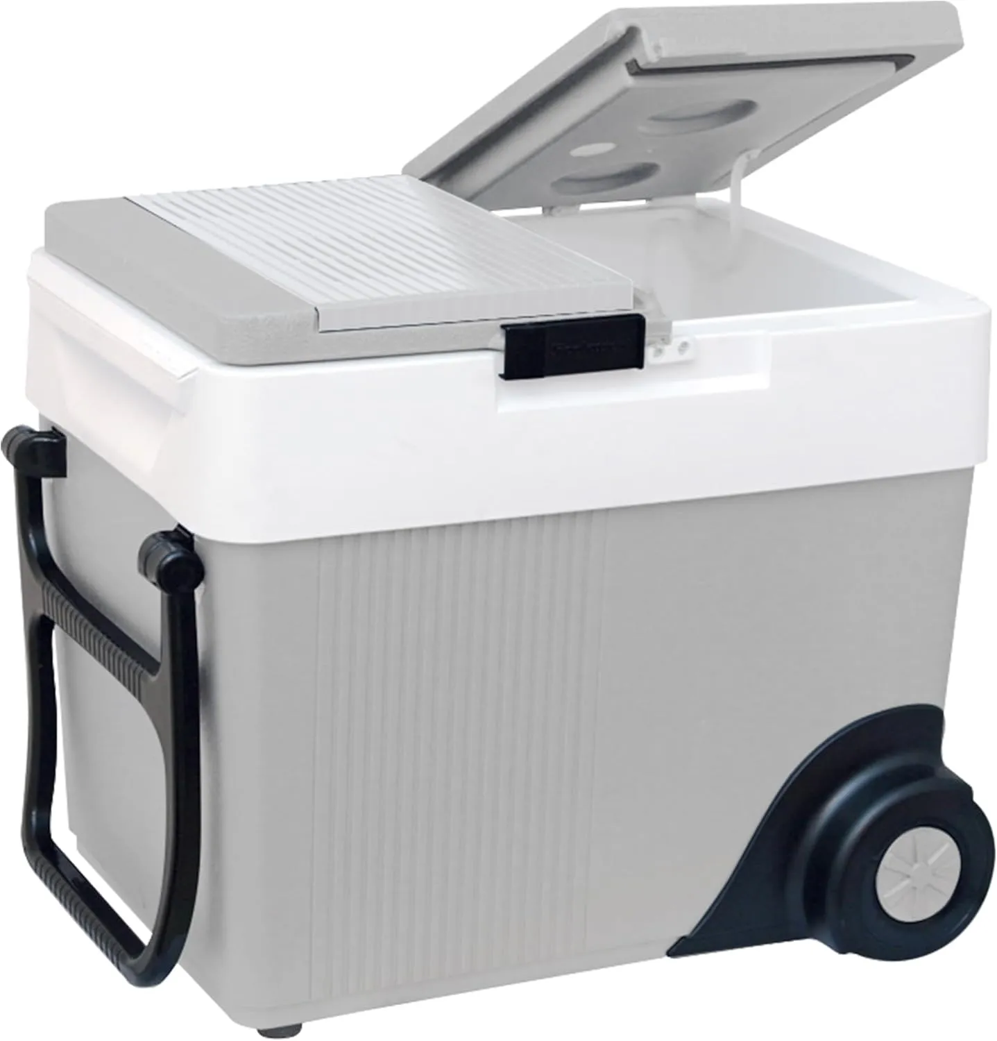 Koolatron Electric Portable Cooler Plug in 12V Car Cooler/Warmer 33 qt (31 L) w/Wheels, No Ice Thermo Electric portable Fridge for camping, Travel Road Trips with 12 Volt DC Power Cord, Gray/White.