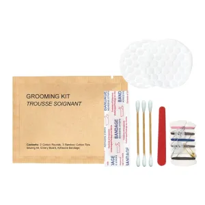 Kraft Paper Grooming Kit - Travel Size Toiletries - Cotton Rounds, Bamboo Cotton Tips, Sewing Kit, Emery Board (25 Pack)