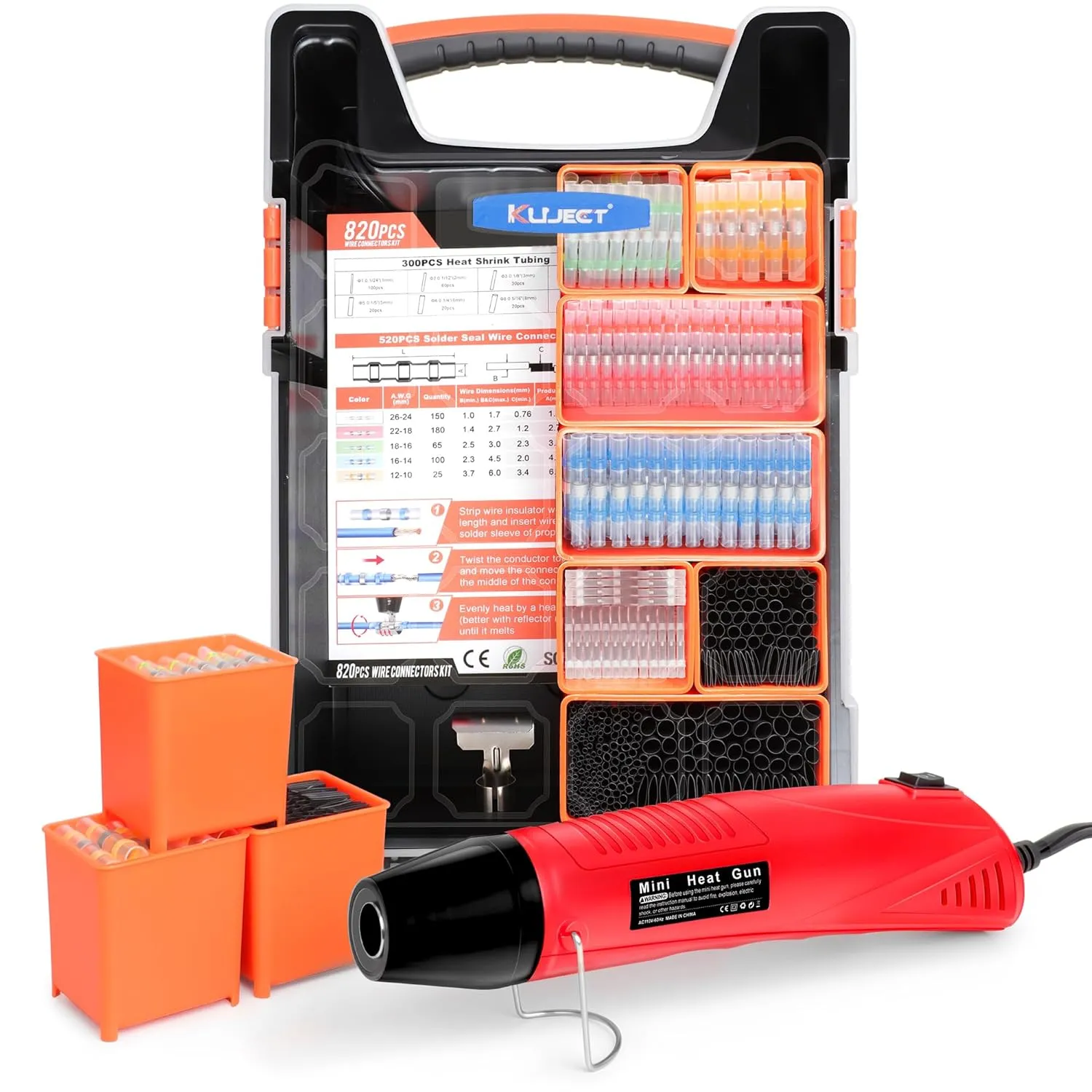 Kuject 820PCS Solder Seal Wire Connectors & Heat Shrink Tubing Kit with Organizers and Heat Gun 400℃/752℉, AWG 26-10 Waterproof Solder Stick Butt Connectors for Marine, Automotive and Truck Wiring
