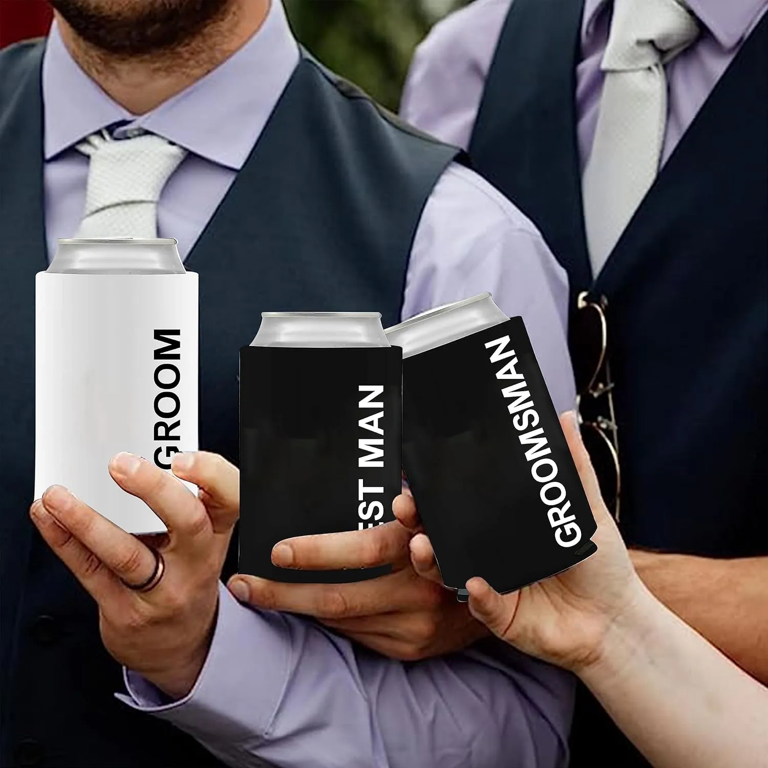 LADY & HOME Set of 7 Groom and Groomsmen Can Coolers, Groomsmen Proposal Can Sleeve Favors for Bachelor Party & Wedding Party (WD-Bold-GM)