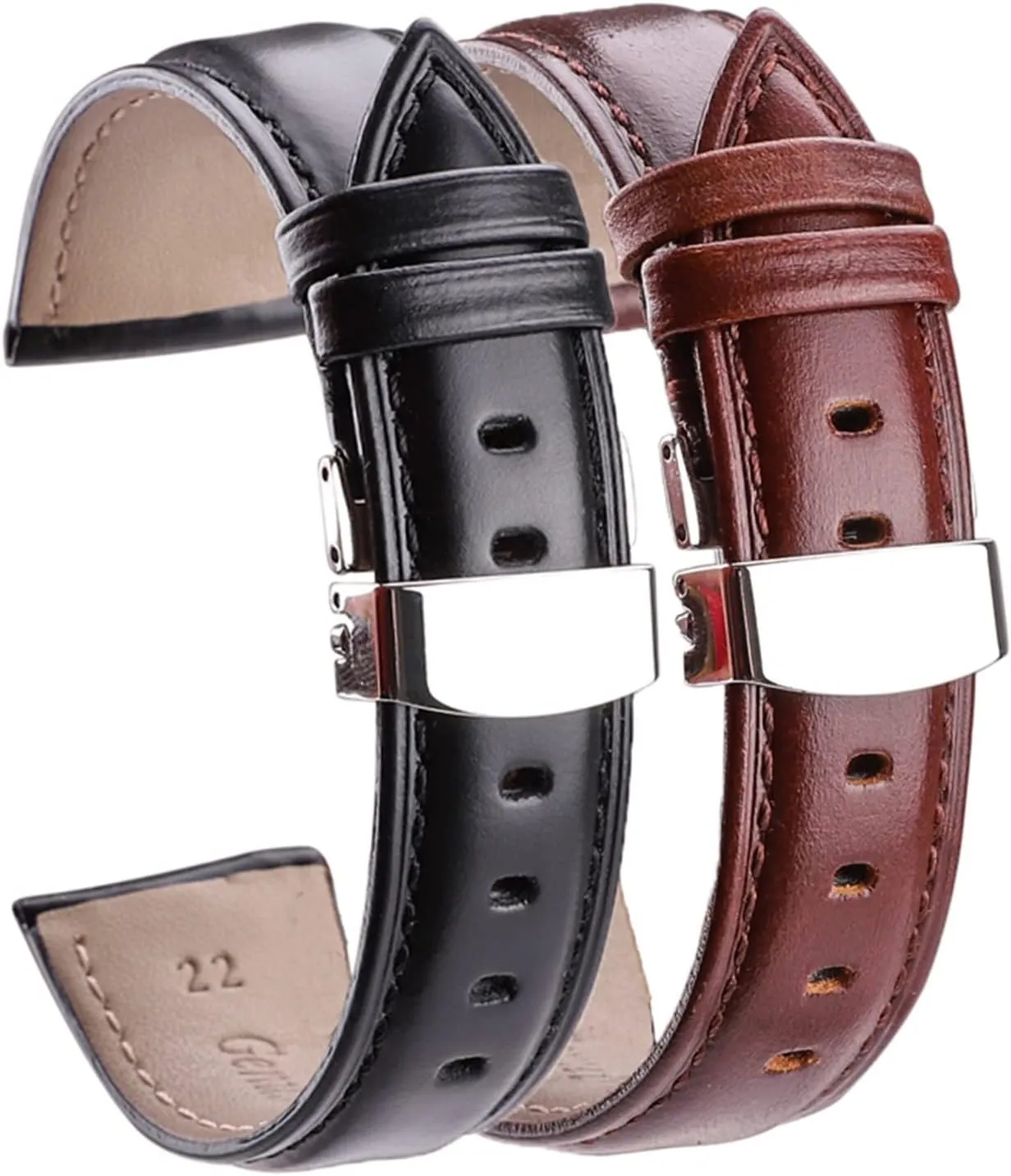 LAnGSHAW 18mm - 24mm Watch Band Strap Brown Black Leather Watchbands Bracelet Accessories Deployment Buckle (Band Color : Black, Band Width : 19mm)