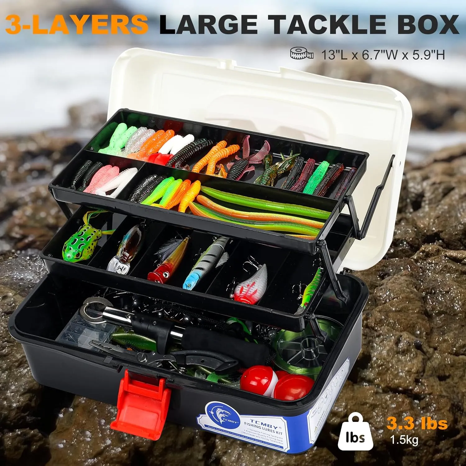 Large 3 Layers Tackle Box with Tackle Included, 432Pcs Fishing Lures Kit Contains Pliers, Crankbait, Hooks, Weights & Accessories, Fishing Gear Bait Lure Gifts for Men Bass Freshwater (Black)
