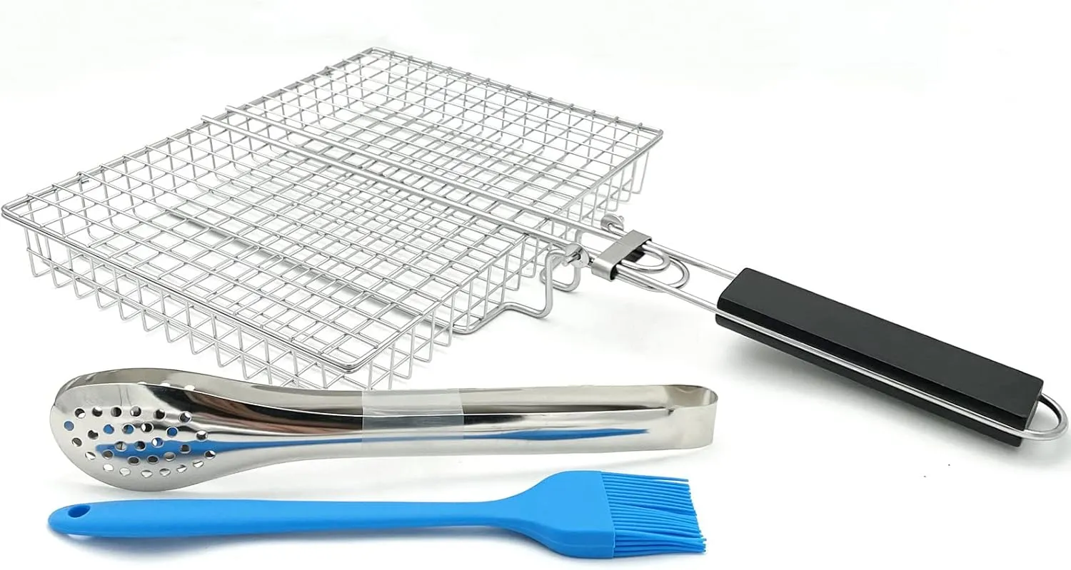Large Capacity Barbeque Grill Basket With Brush BBQ Tong Deeper Grilling Rack Havy Duty Stainless Steel BBQ Accessories Set