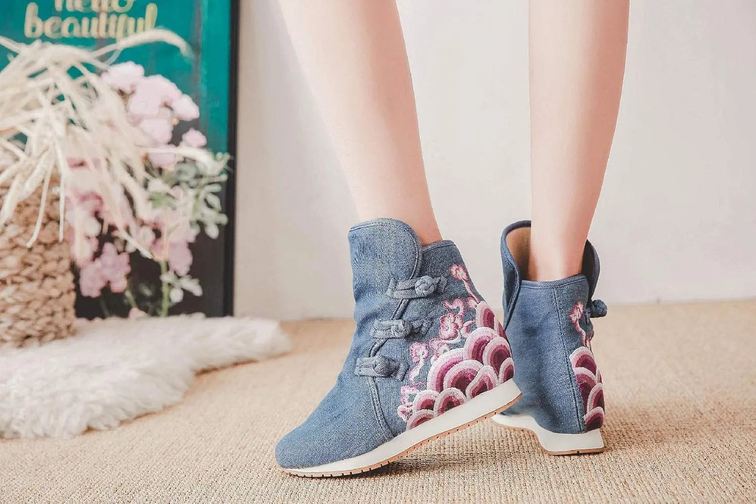 Lazutom Women Lady Chinese Style Embroidery Winter Ankle Boots Comfort Sports Canvas Shoes