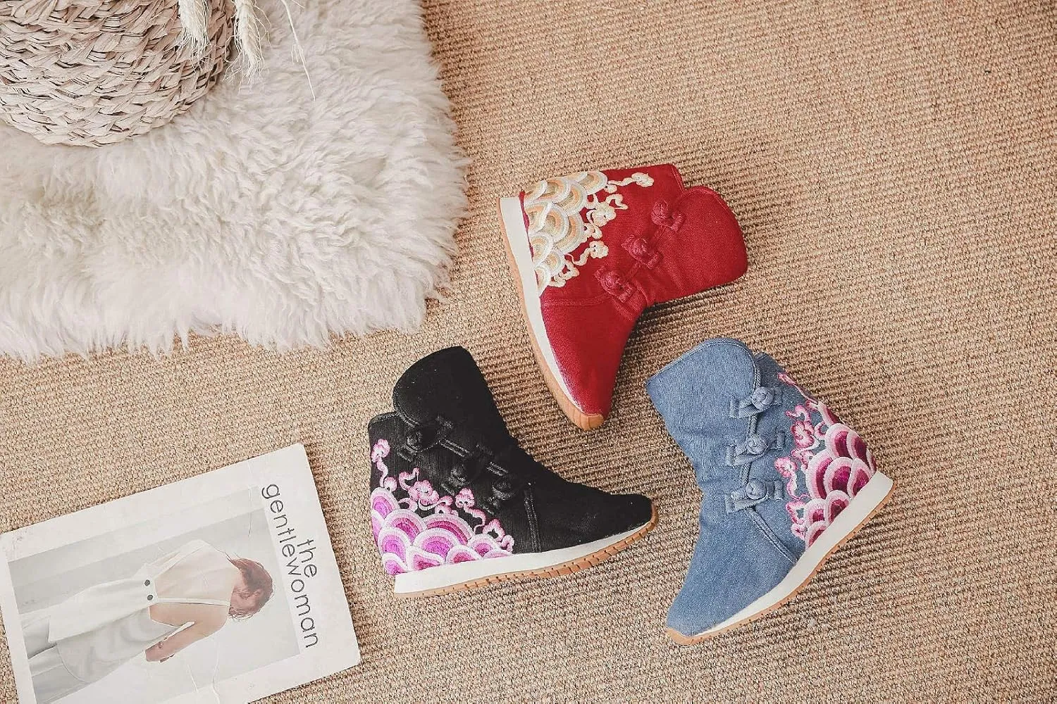 Lazutom Women Lady Chinese Style Embroidery Winter Ankle Boots Comfort Sports Canvas Shoes