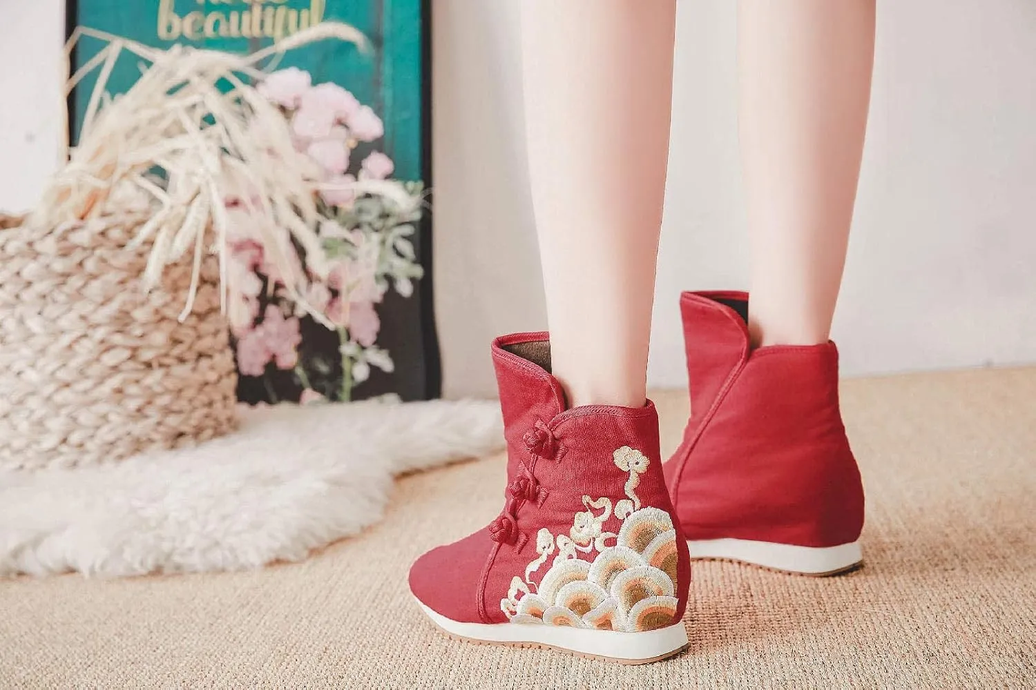 Lazutom Women Lady Chinese Style Embroidery Winter Ankle Boots Comfort Sports Canvas Shoes