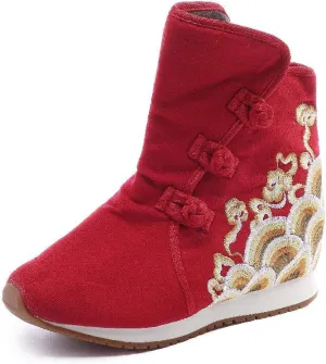 Lazutom Women Lady Chinese Style Embroidery Winter Ankle Boots Comfort Sports Canvas Shoes