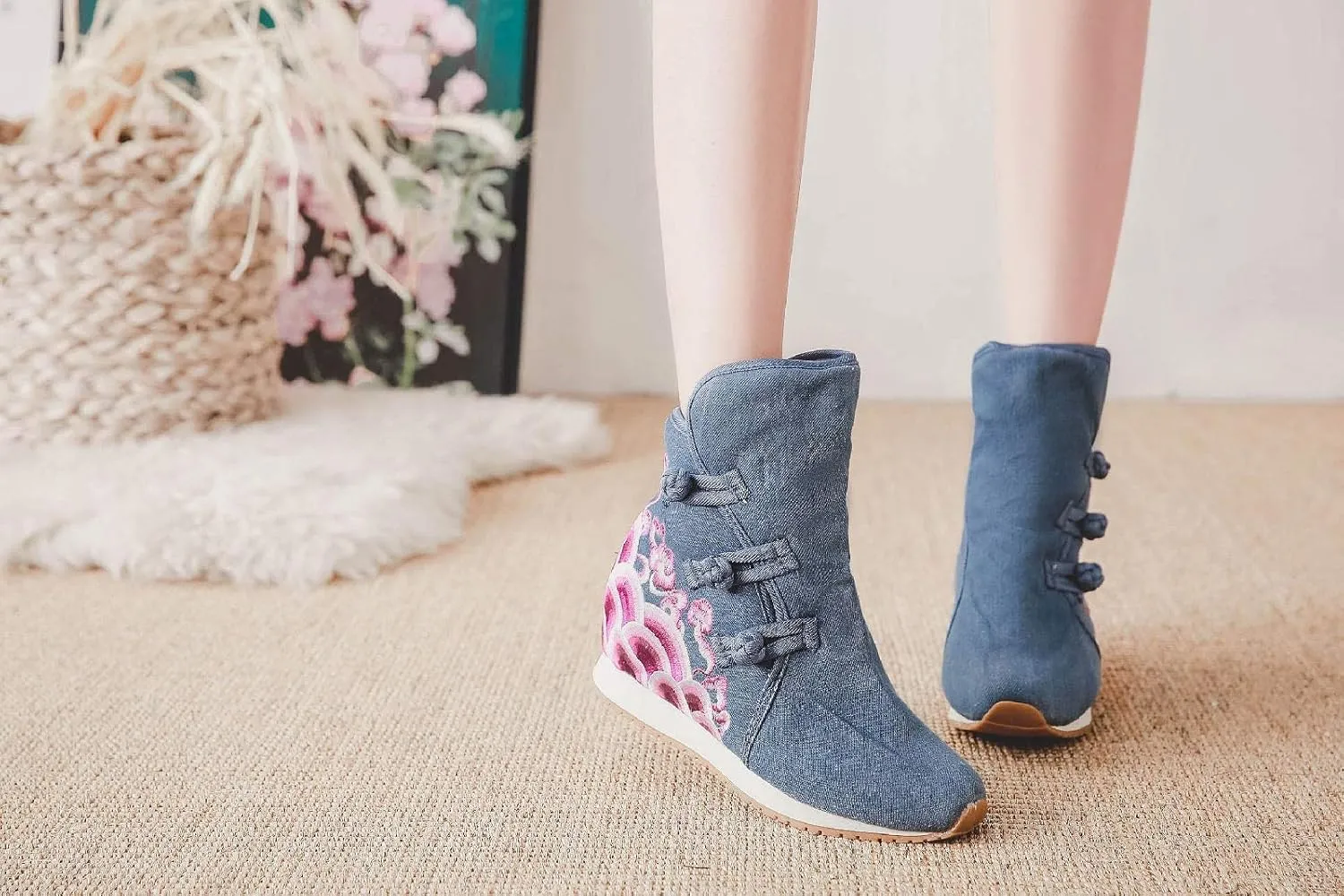 Lazutom Women Lady Chinese Style Embroidery Winter Ankle Boots Comfort Sports Canvas Shoes