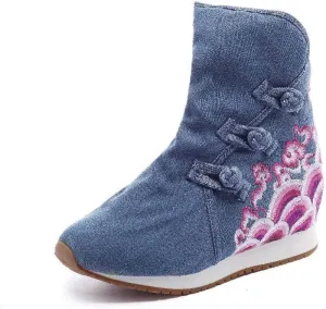 Lazutom Women Lady Chinese Style Embroidery Winter Ankle Boots Comfort Sports Canvas Shoes