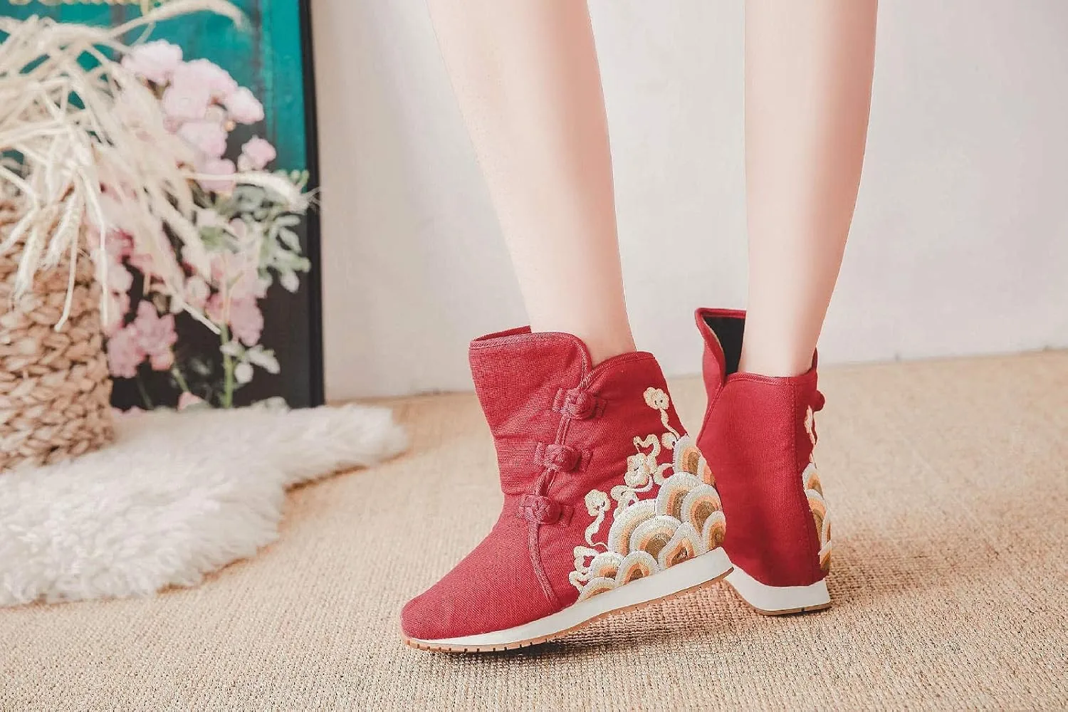 Lazutom Women Lady Chinese Style Embroidery Winter Ankle Boots Comfort Sports Canvas Shoes