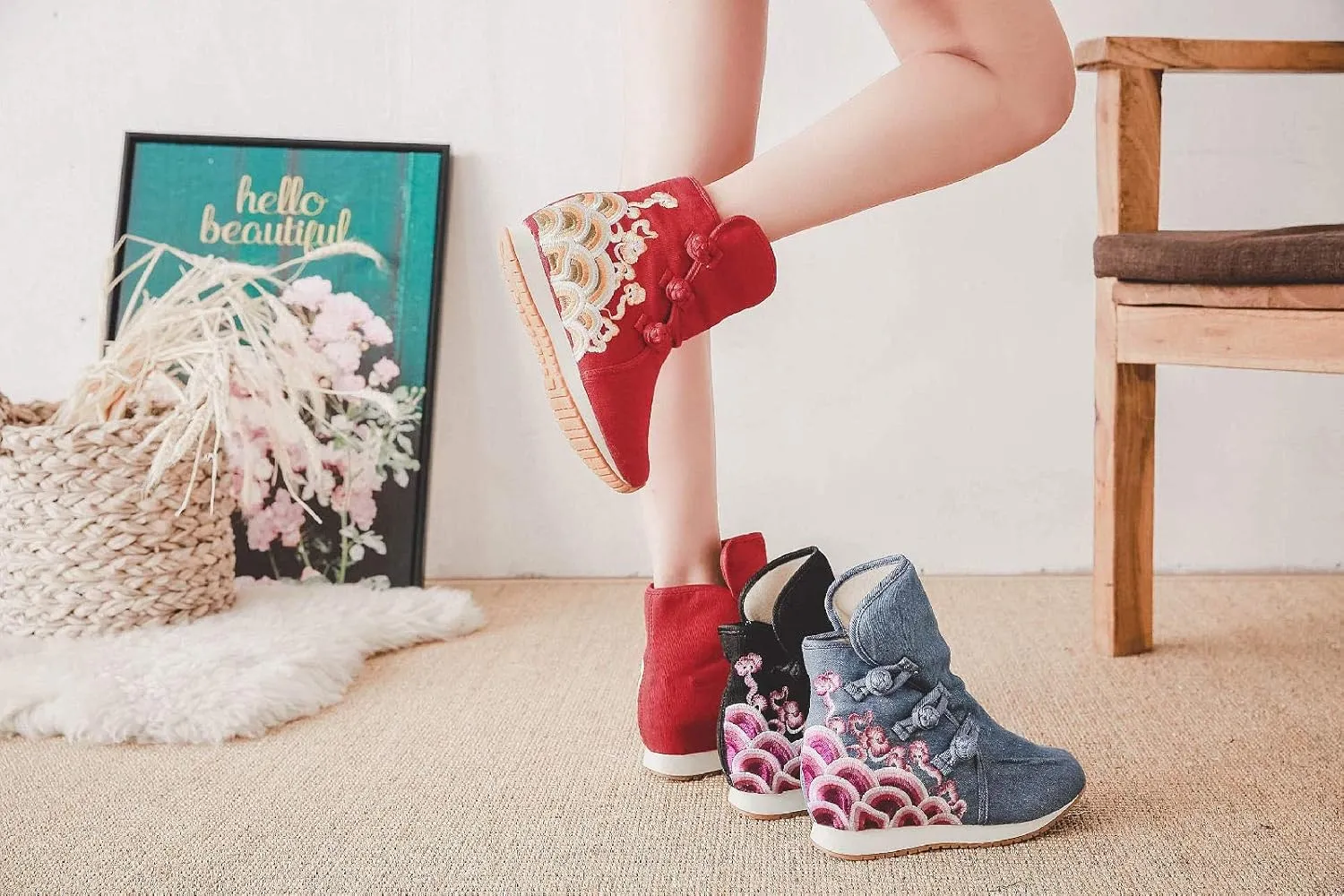 Lazutom Women Lady Chinese Style Embroidery Winter Ankle Boots Comfort Sports Canvas Shoes
