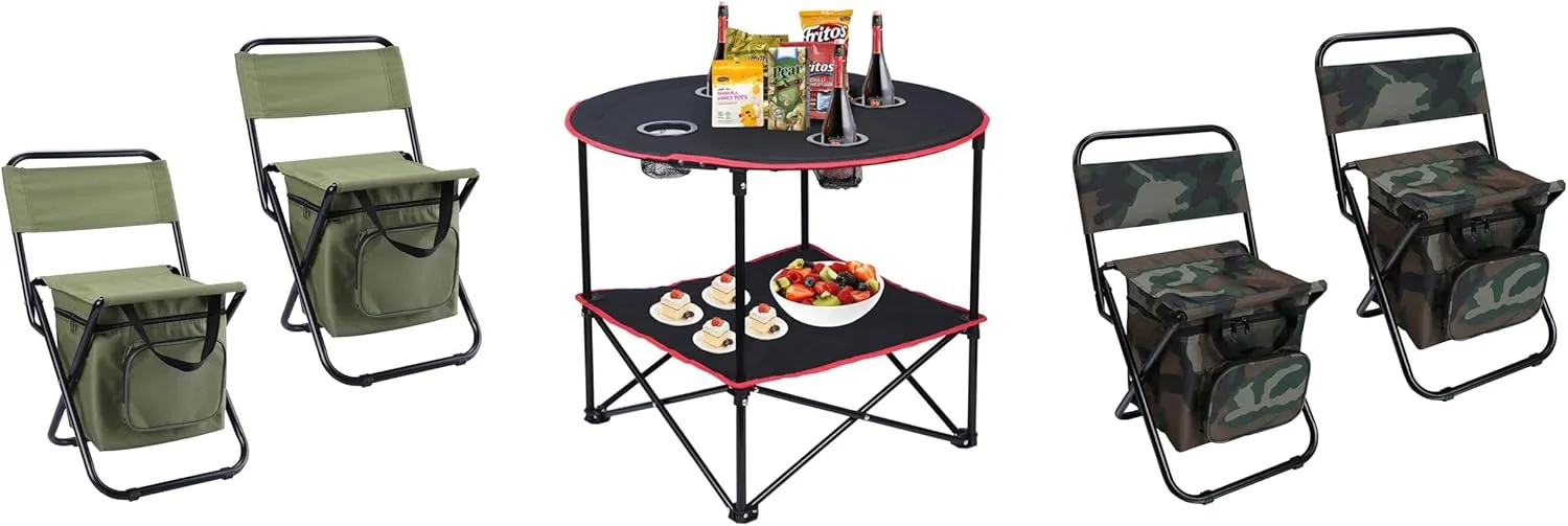 LEADALLWAY Camping Table Folding Picnic Table with 4 Cup Holders 4 Piece Fishing Chair with Cooler Bag Compact Fishing Stool