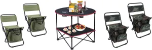 LEADALLWAY Camping Table Folding Picnic Table with 4 Cup Holders 4 Piece Fishing Chair with Cooler Bag Compact Fishing Stool