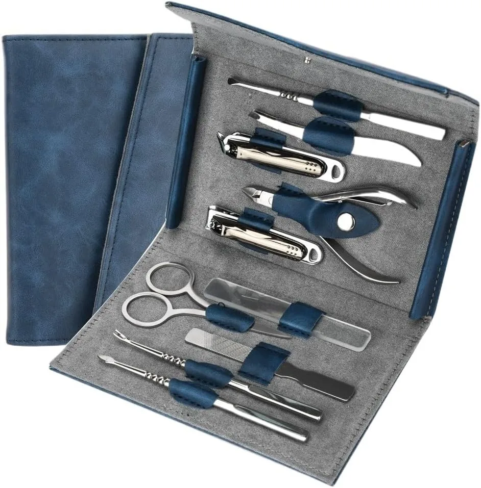 Leather Bag Portable Nail Clipper 10 Piece Set Foot Repair Tools Manicure Set(Blue)