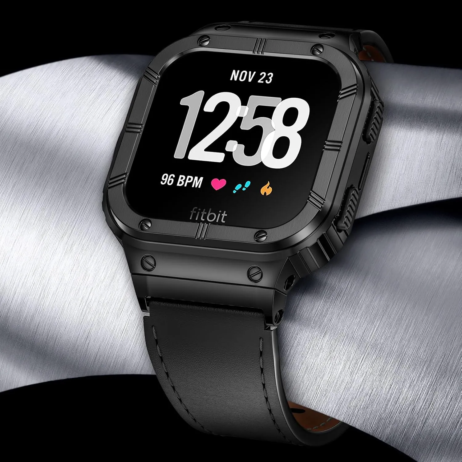 Leather Bands with Stainless Steel Case Compatible with Fitbit Versa 1 2 3 4 Lite Sense 2 1 Protective case for men