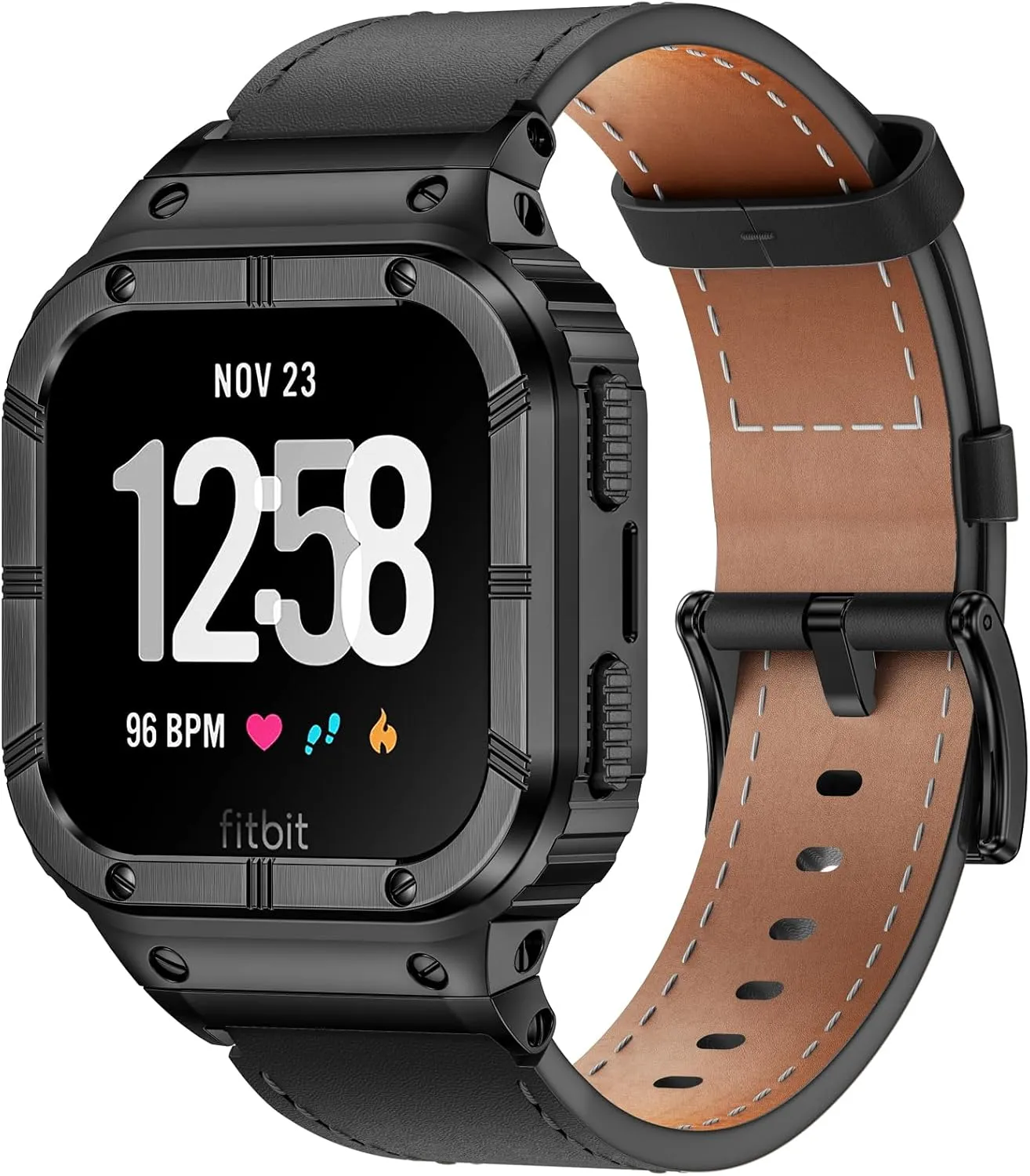 Leather Bands with Stainless Steel Case Compatible with Fitbit Versa 1 2 3 4 Lite Sense 2 1 Protective case for men