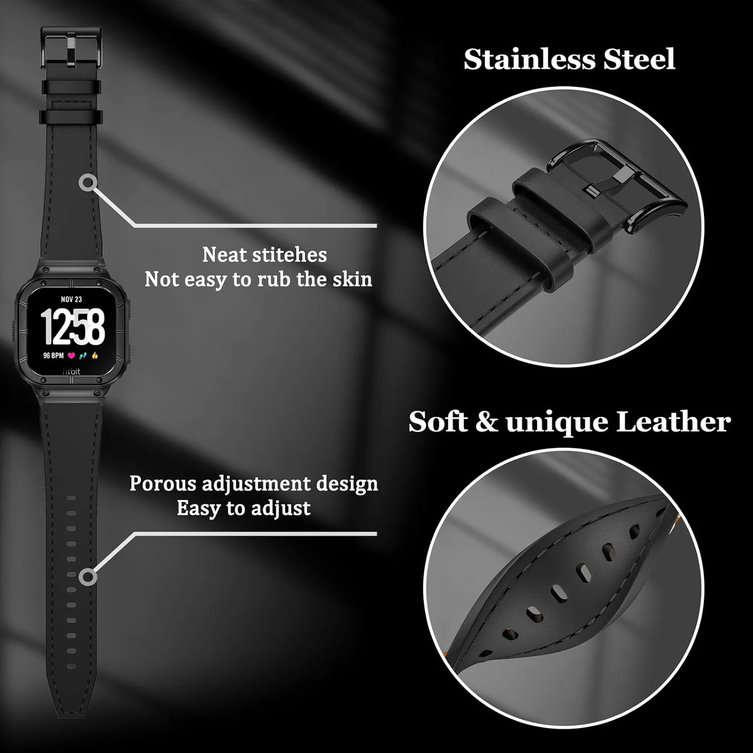 Leather Bands with Stainless Steel Case Compatible with Fitbit Versa 1 2 3 4 Lite Sense 2 1 Protective case for men