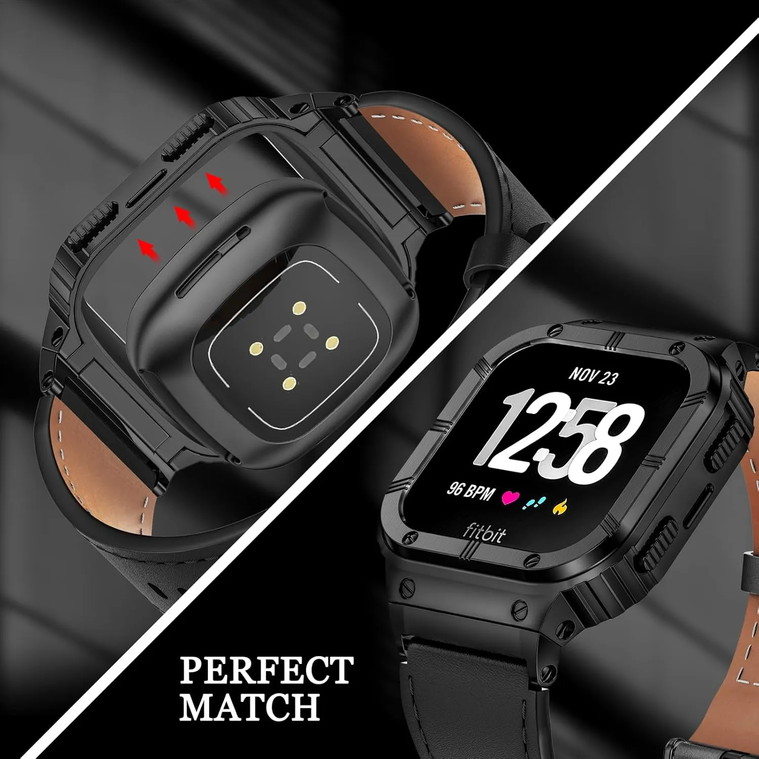 Leather Bands with Stainless Steel Case Compatible with Fitbit Versa 1 2 3 4 Lite Sense 2 1 Protective case for men