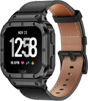 Leather Bands with Stainless Steel Case Compatible with Fitbit Versa 1 2 3 4 Lite Sense 2 1 Protective case for men