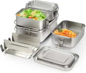 LEEPENK 304 Stainless Steel Lunch Box and Food Containers with Lids 4 Pack 1400/850/550/550ml, Leak-Proof and Stackable Stainless Steel Bento Box for Travel and Work Adults