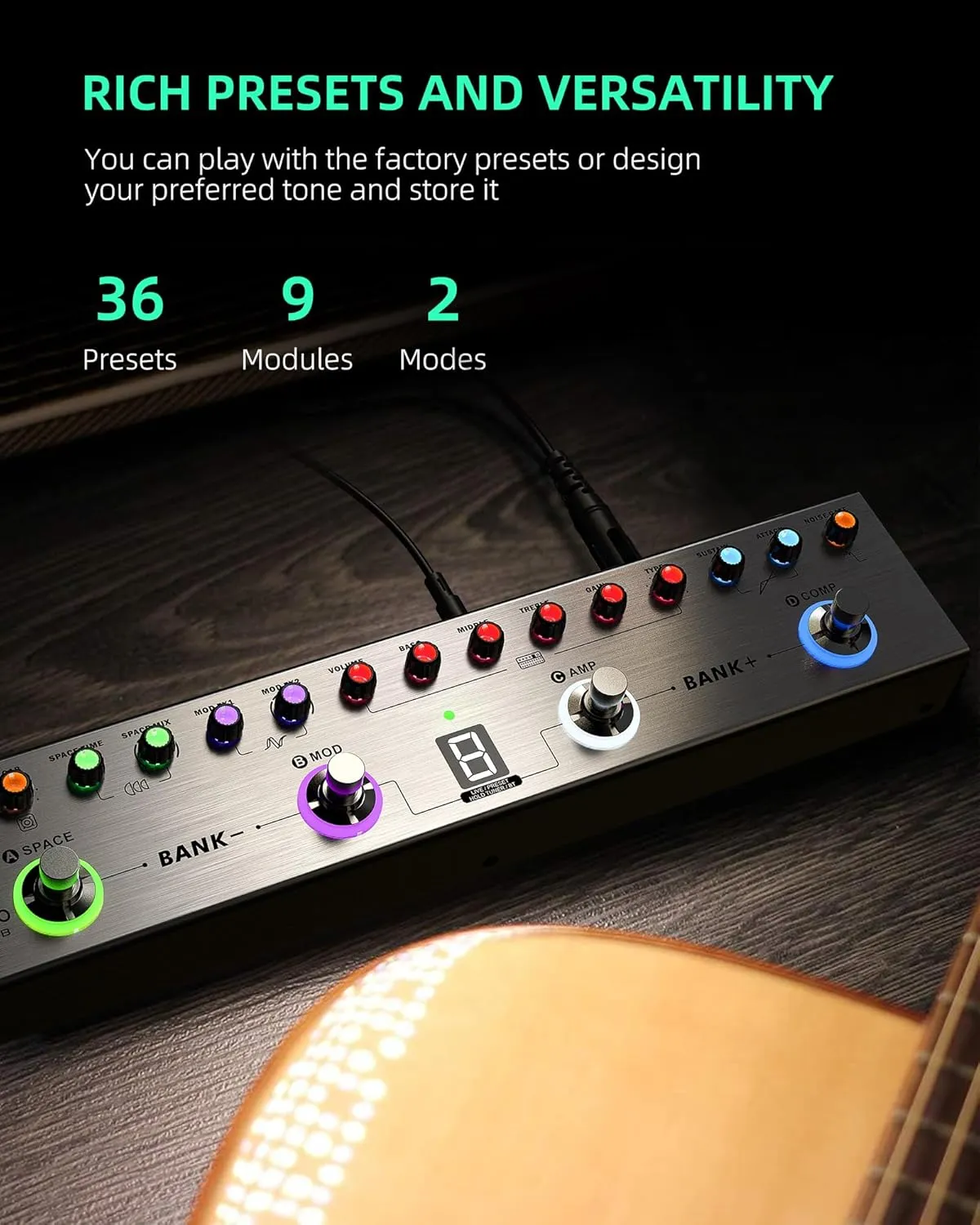 LEKATO Bass Multi Effects Pedal, Bass Effects Pedal with 36 Presets, Editable 4 Modules, Amp, Compressor, Mod, Space, Reverb, IR CAB, Tuner, BT Connection, Music Recording
