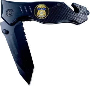 LEO Challenge Coins ICE officer collectible 3-in-1 Police Tactical Rescue knife tool with Seatbelt Cutter, Steel Serrated Blade, Glass Breaker