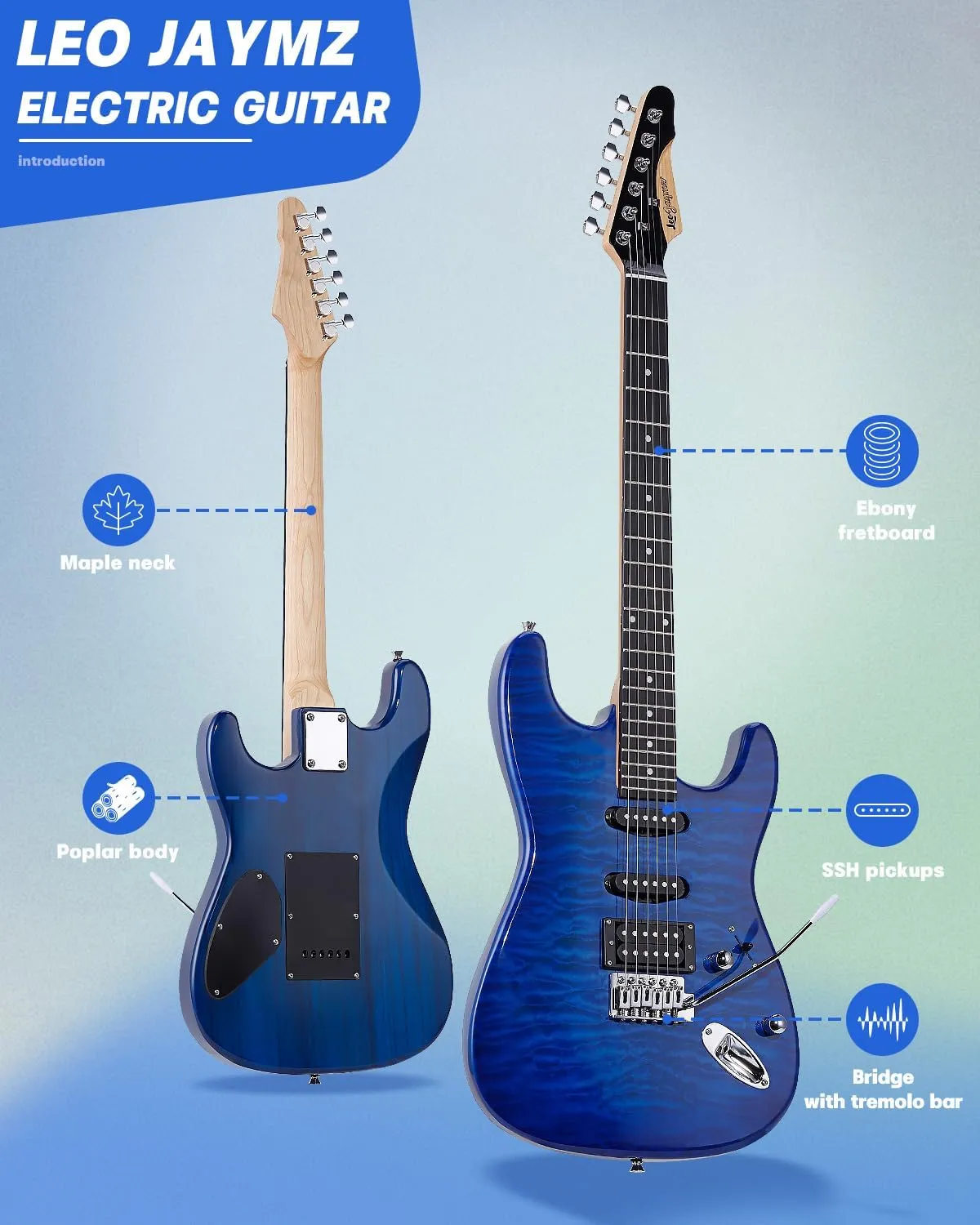 Leo Jaymz 39" Full Size ST Style Electric Guitar Starter Kit with SSH Pickup, 5W Portable Amp, Tuner, Gig Bag, Strap & Accessories (Blue Ocean)