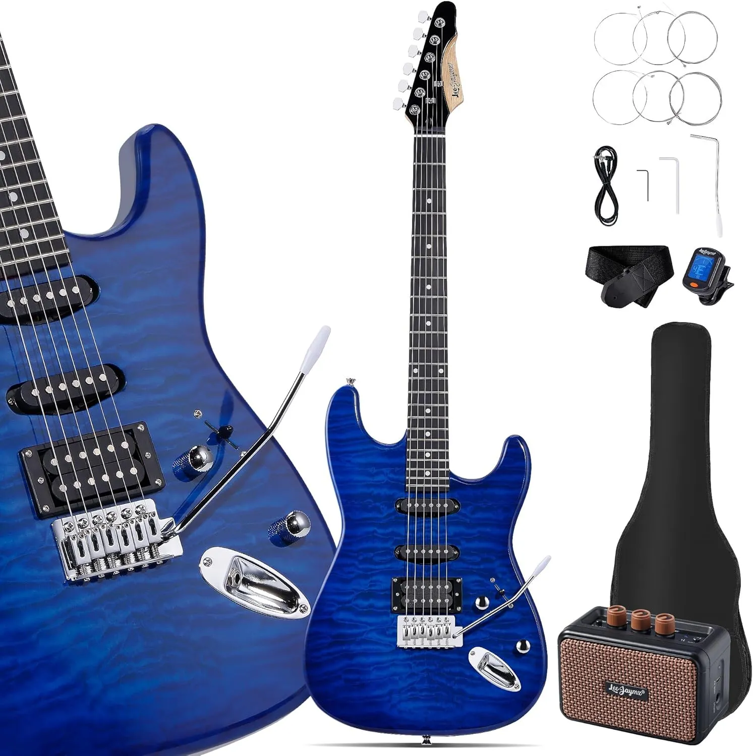 Leo Jaymz 39" Full Size ST Style Electric Guitar Starter Kit with SSH Pickup, 5W Portable Amp, Tuner, Gig Bag, Strap & Accessories (Blue Ocean)