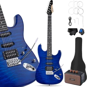 Leo Jaymz 39" Full Size ST Style Electric Guitar Starter Kit with SSH Pickup, 5W Portable Amp, Tuner, Gig Bag, Strap & Accessories (Blue Ocean)