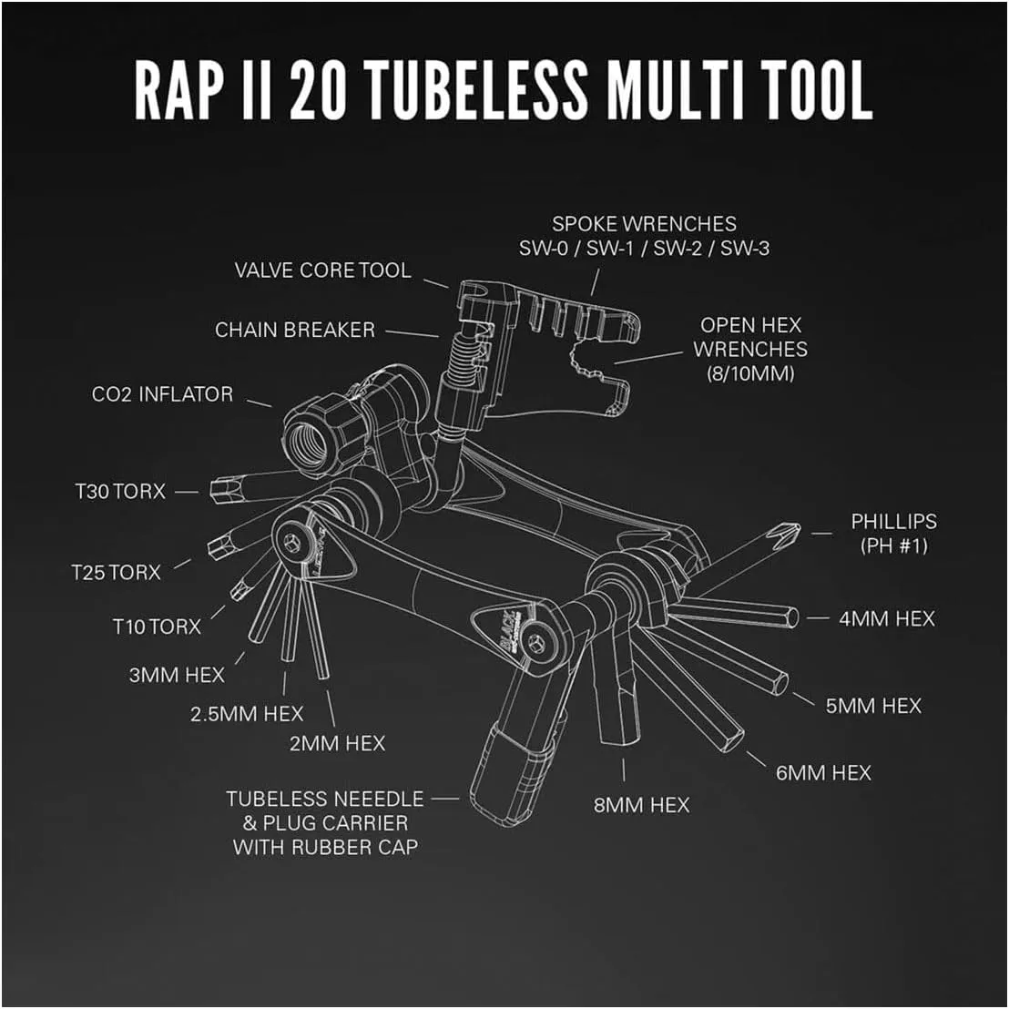 LEZYNE RAP II Bicycle Multi-Tool, Anti-Corrosion CRV Bits, Hex, Torx, Ergonomic Side Plates, High Performance Compact Bike Tool (20 Tubeless)