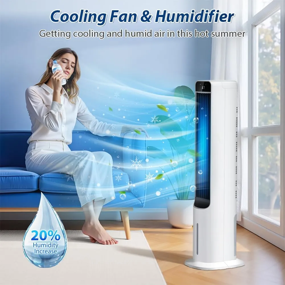 LifePlus Evaporative Air Cooler - 41" Portable Cooling Fan Swamp Cooler with 4 Ice Packs and Remote, Quiet Bladeless Tower Fan Blow Cold Air, 120° Oscillation 3 Speeds 3 Modes, for Bedroom Home Office