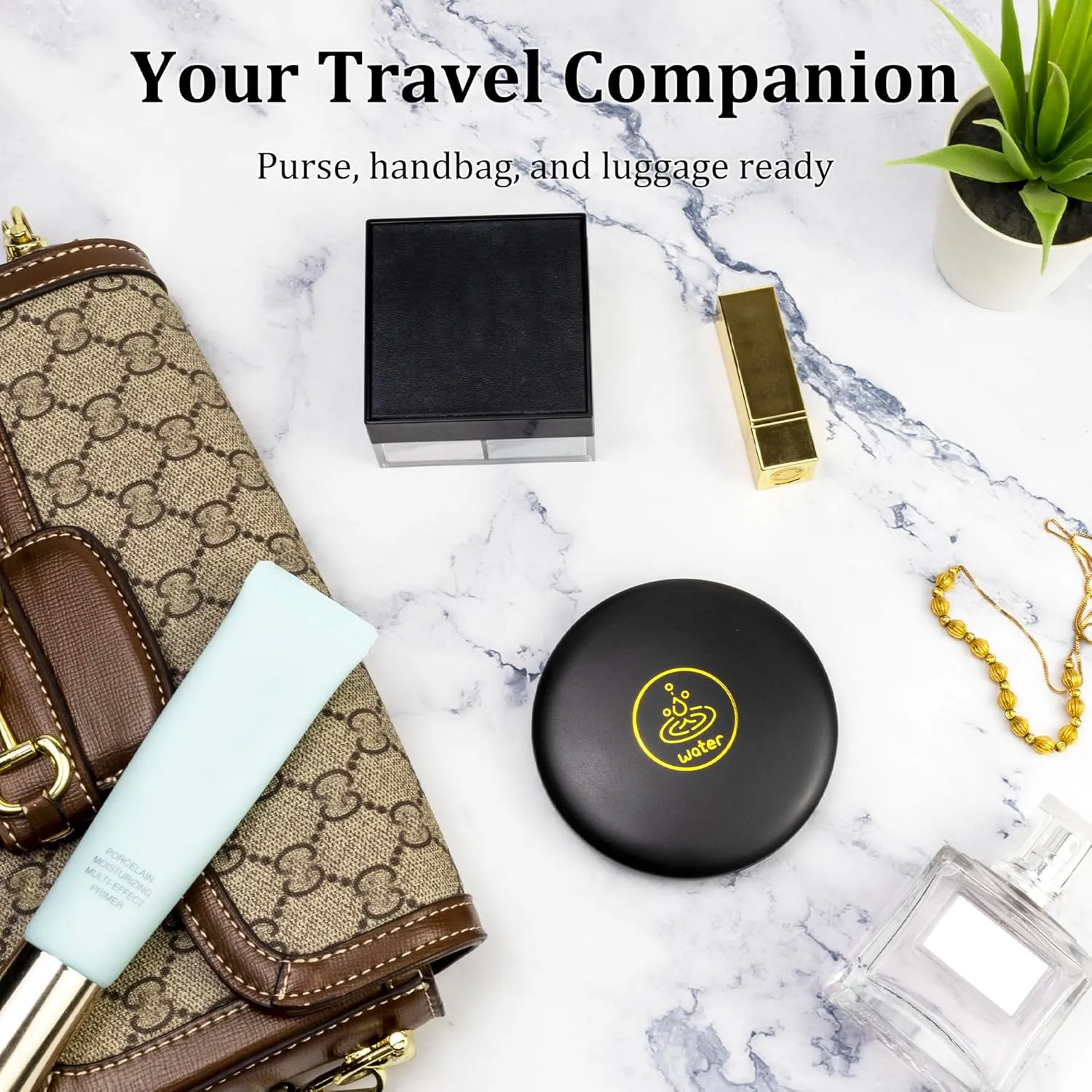 Lighted Compact Mirror – Water Zodiac (Cancer, Scorpio, Pisces) – Rechargeable Travel Makeup Mirror with 1x/5x Magnification – Black