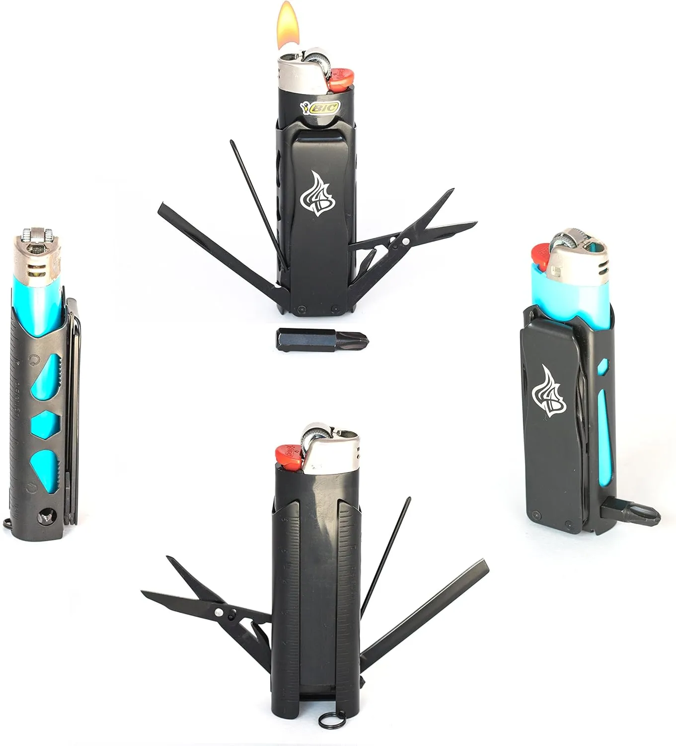 LighterBro Pro Lighter Sleeve - Multi-Tool - 420 Stainless Steel - Easily Fits Your Favorite Lighters - Includes Mini Pocket Knife, Ruler, Scissors, Screwdriver, Poker, Key Ring & More (Black)