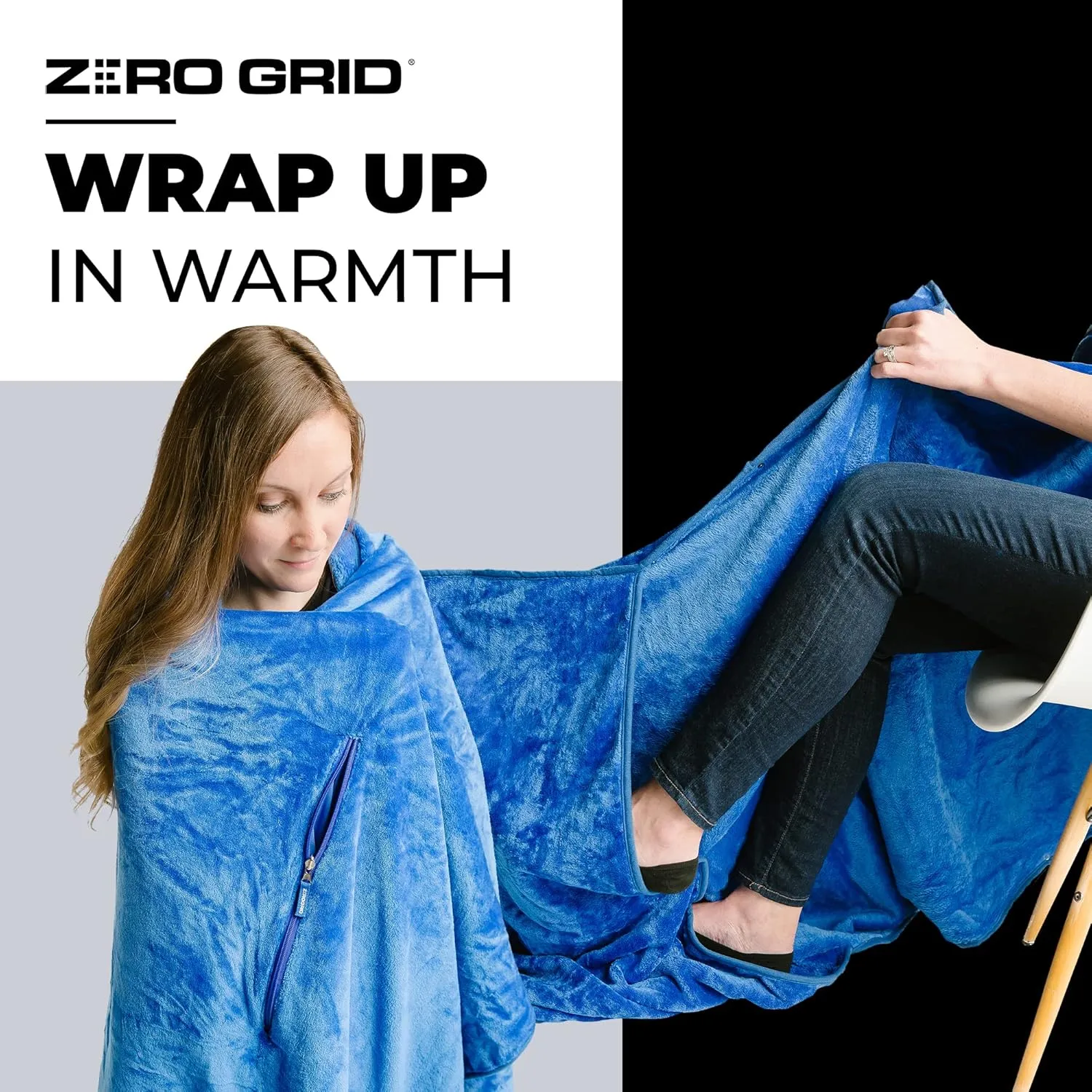 Lightweight Travel Blanket - Premium & Compact Airplane Wearable Blanket with Neck Snaps, Cozy Foot Pockets, Zipper Pouch - Converts into Soft Pillow - Designed for Ultimate Comfort - Royal Blue