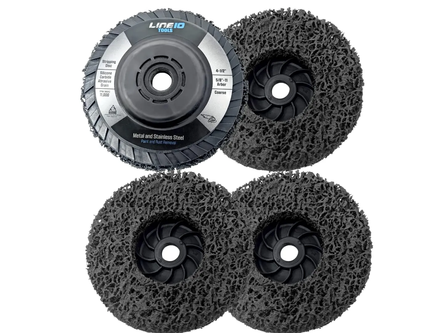 LINE10 Tools 4pk Black Stripping Discs 4-1/2" with 5/8-11 Threaded Arbors for Angle Grinders