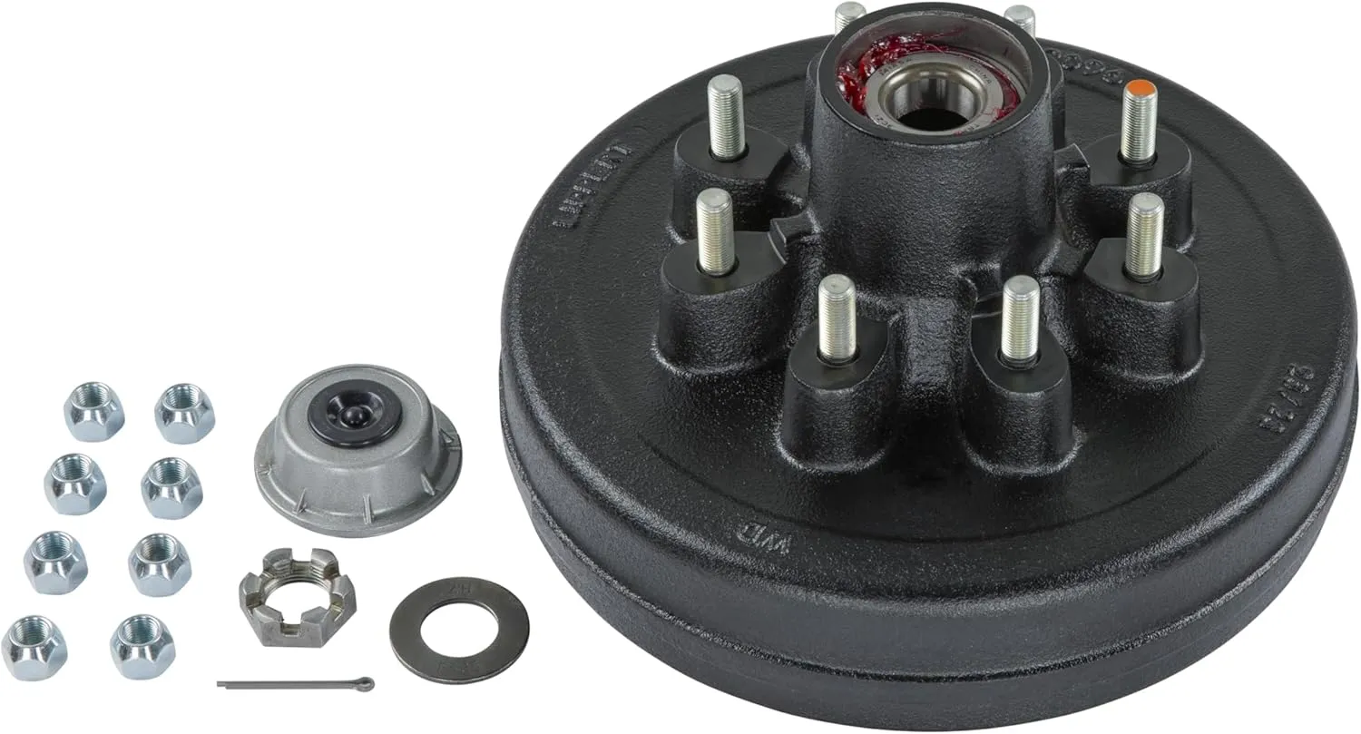 Lippert Complete Pre-Greased Hub Assembly Kit for 7,000-lb. Axle Hubs with Brake Hub Assembly, Dust Cap, Cotter Pin, 6-Slot Castle Spindle Nut, Round Spindle Washer, (8) 60° Cone Trailer Lug Nuts