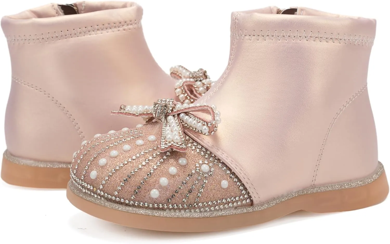 Little Girls Side Zipper Glitter Ankle Boots Princess Crystal Bow Party Wedding Dress Shoes for Kid Toddler