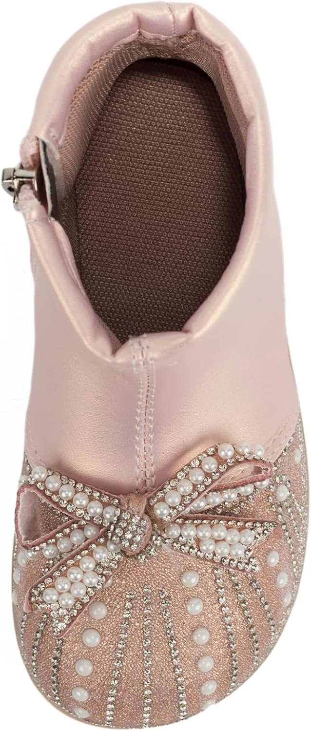 Little Girls Side Zipper Glitter Ankle Boots Princess Crystal Bow Party Wedding Dress Shoes for Kid Toddler