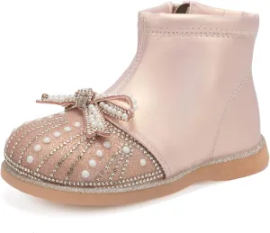 Little Girls Side Zipper Glitter Ankle Boots Princess Crystal Bow Party Wedding Dress Shoes for Kid Toddler