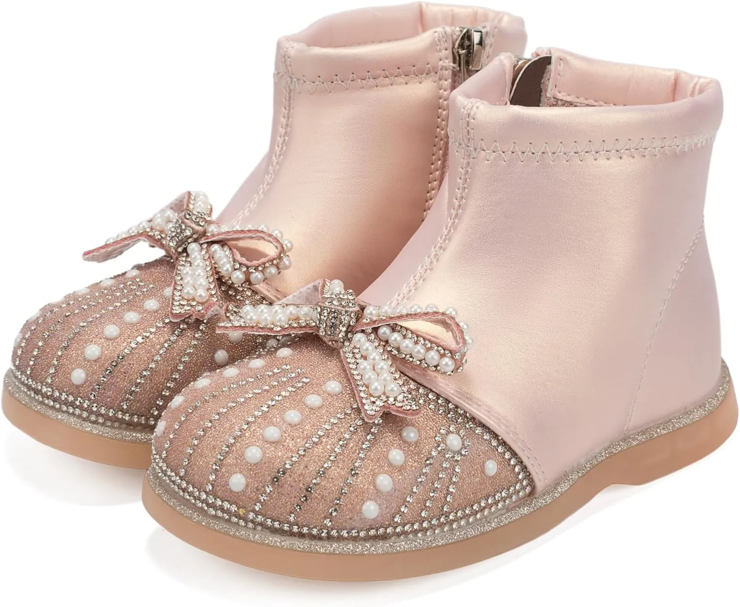 Little Girls Side Zipper Glitter Ankle Boots Princess Crystal Bow Party Wedding Dress Shoes for Kid Toddler