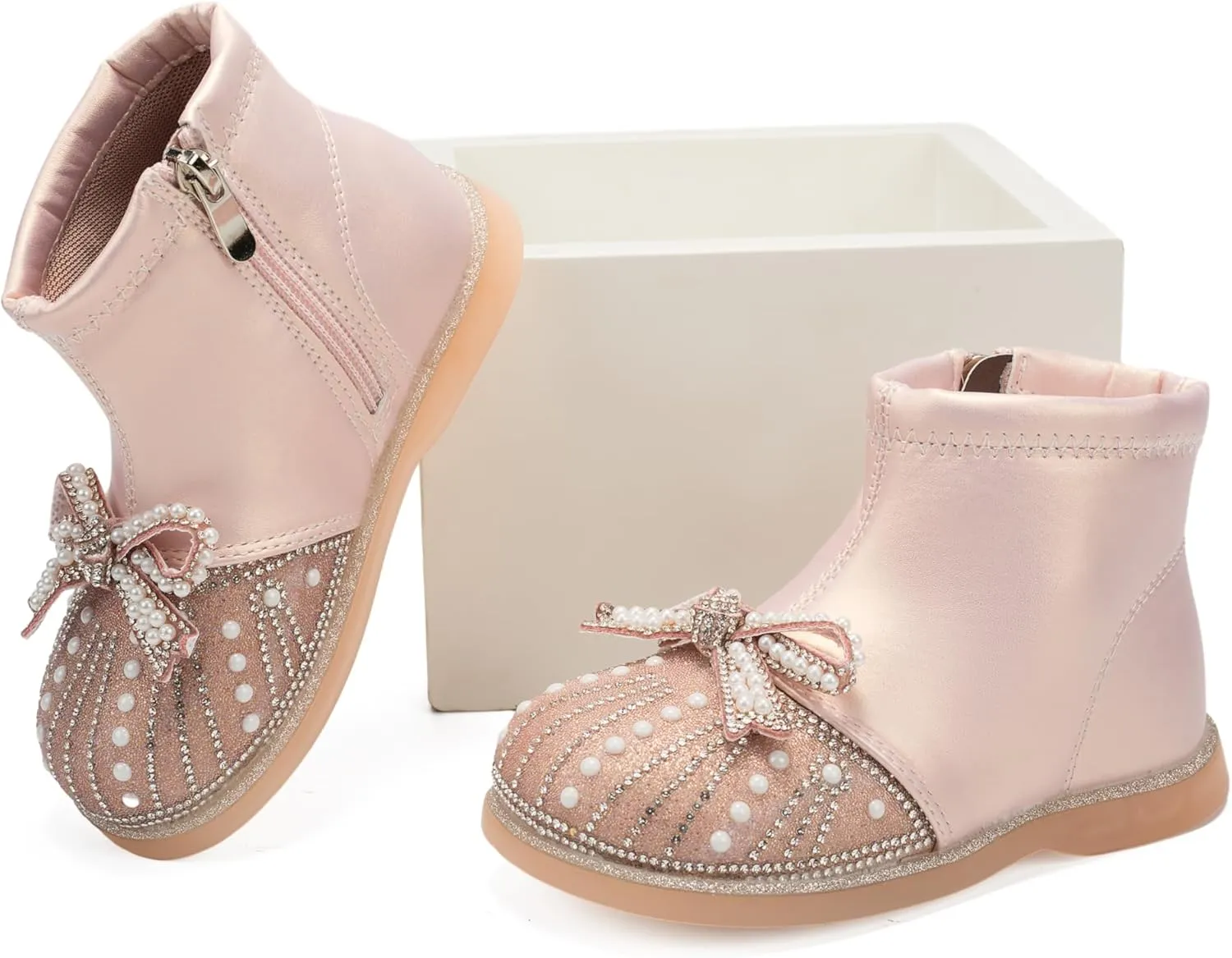 Little Girls Side Zipper Glitter Ankle Boots Princess Crystal Bow Party Wedding Dress Shoes for Kid Toddler